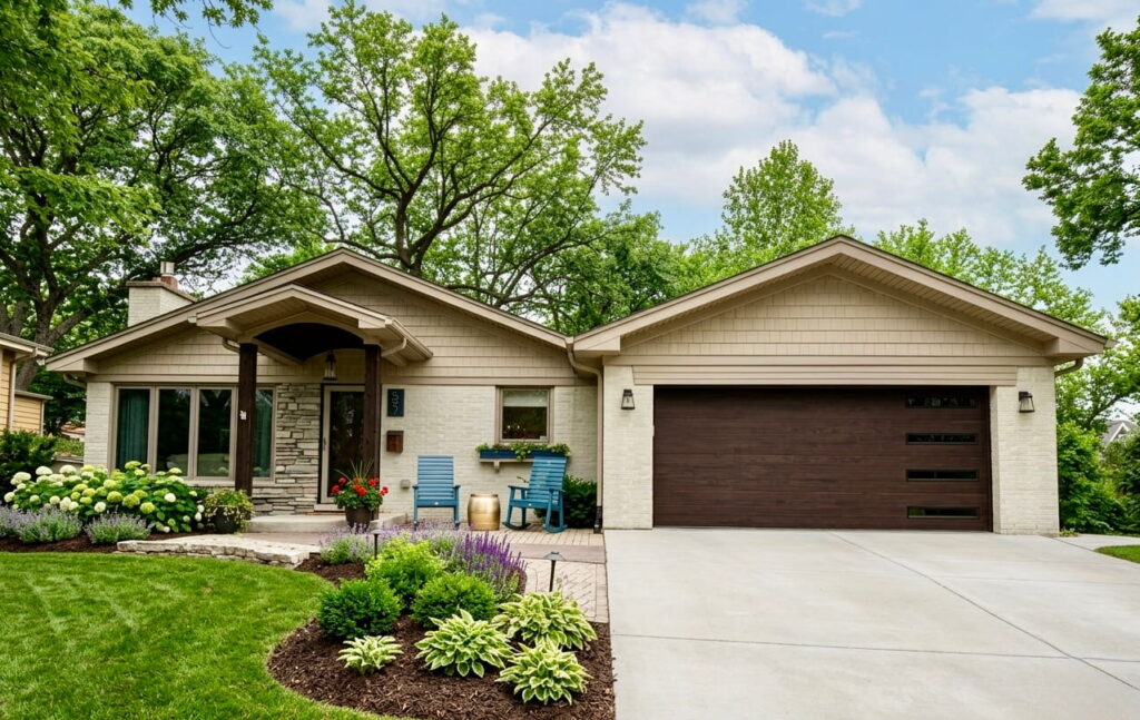Brown garage door on a residential home in Chicagoland
