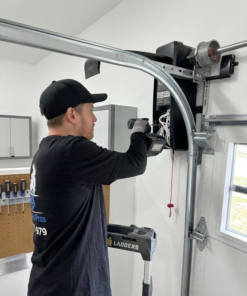 Garage door technician repairing automatic opener system