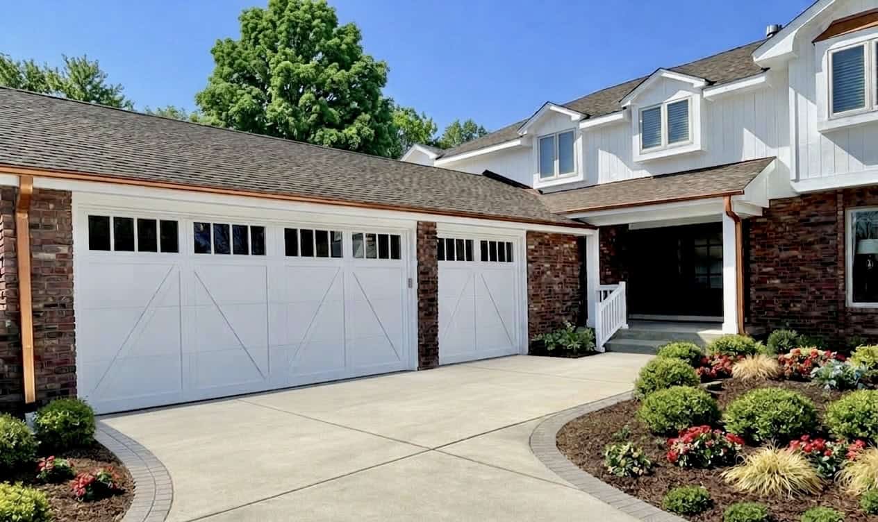 Custom white garage doors installed on a residential home