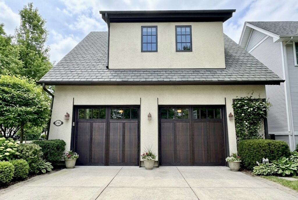 Custom dark wood garage doors installed on modern residential home