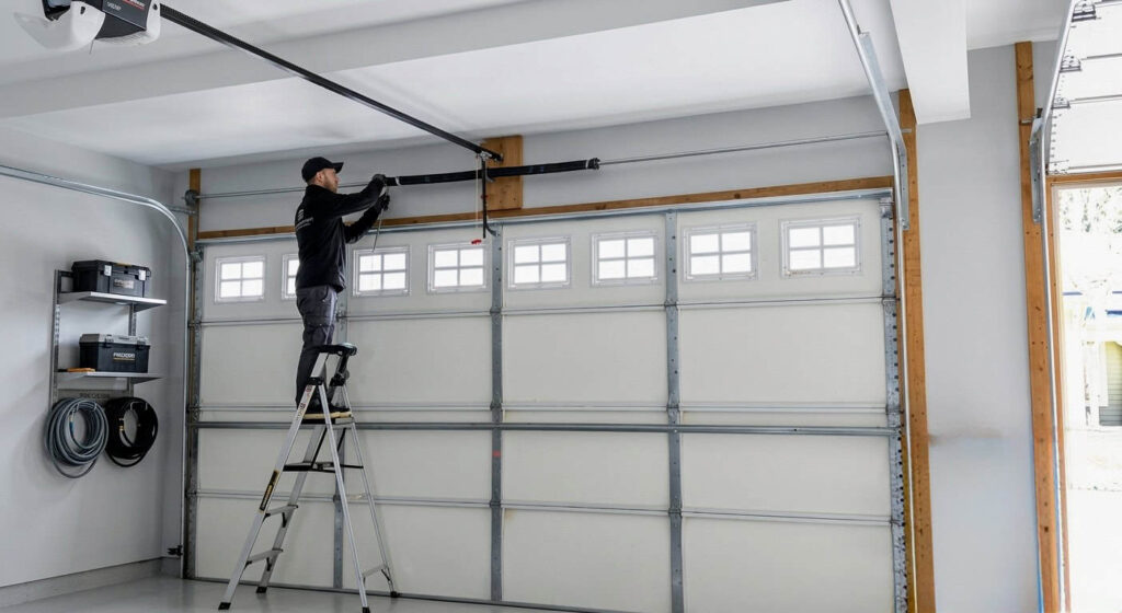 Technician repairing residential garage door system