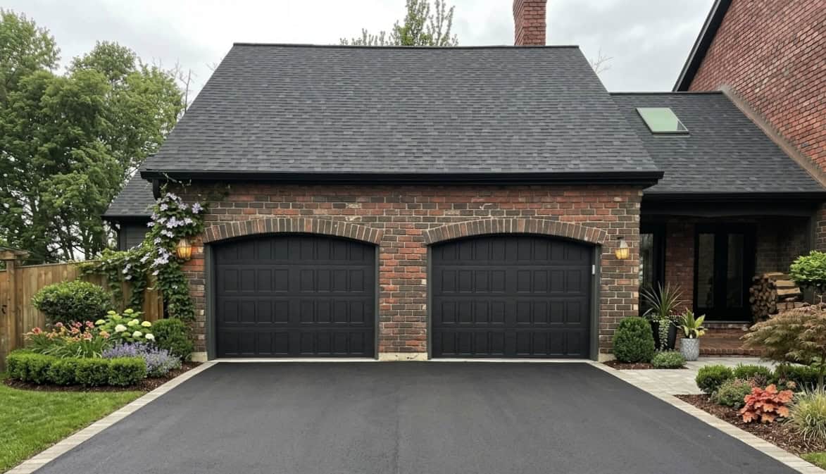 Black garage doors installed on a brick residential home